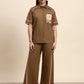 Ariya Threads Women’s Mocha Brown Contrast-Piping Shirt & Wide-Leg Pants Co-ord Set