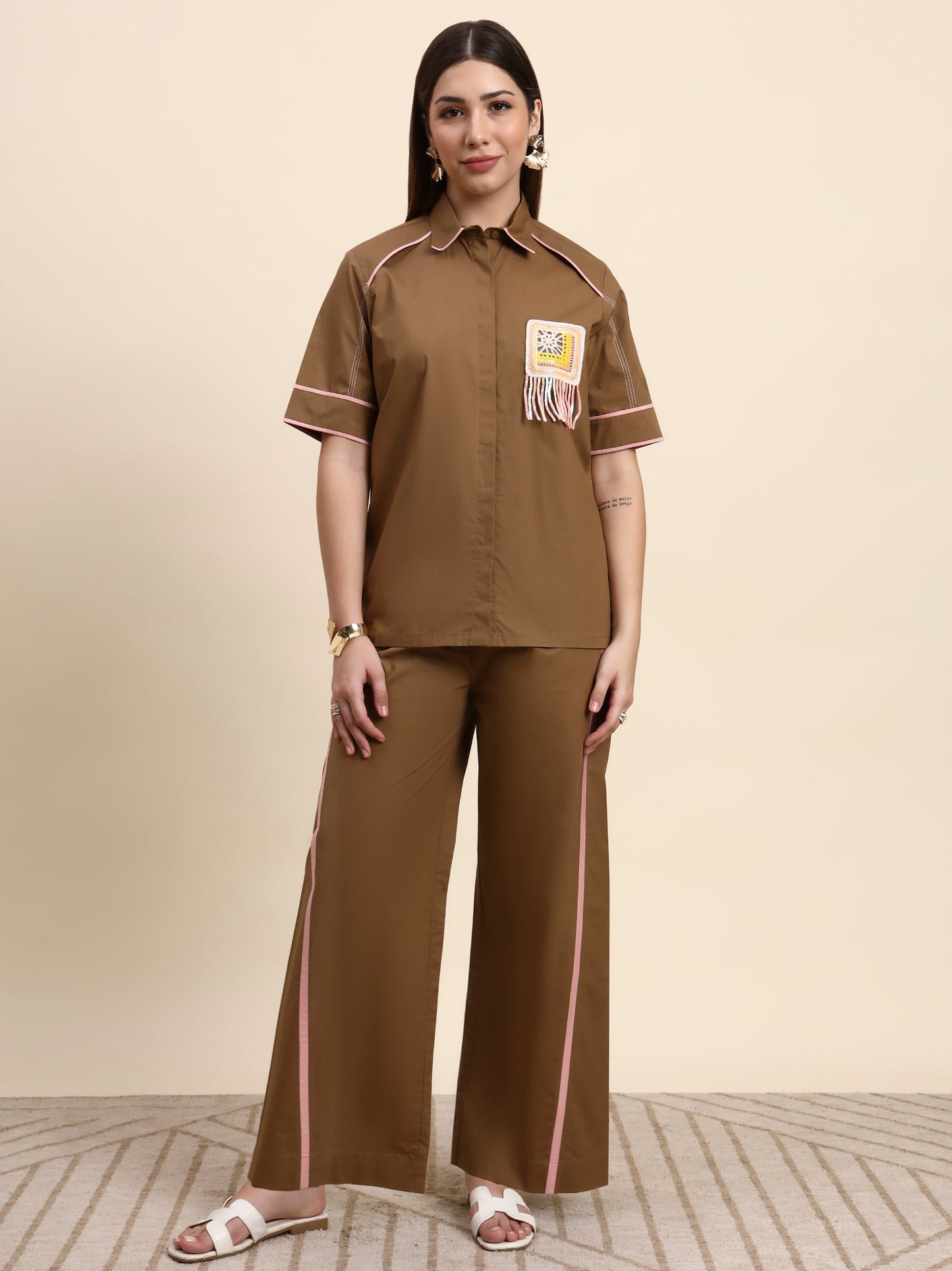 Ariya Threads Women’s Mocha Brown Contrast-Piping Shirt & Wide-Leg Pants Co-ord Set
