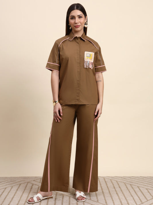 Ariya Threads Women’s Mocha Brown Contrast-Piping Shirt & Wide-Leg Pants Co-ord Set