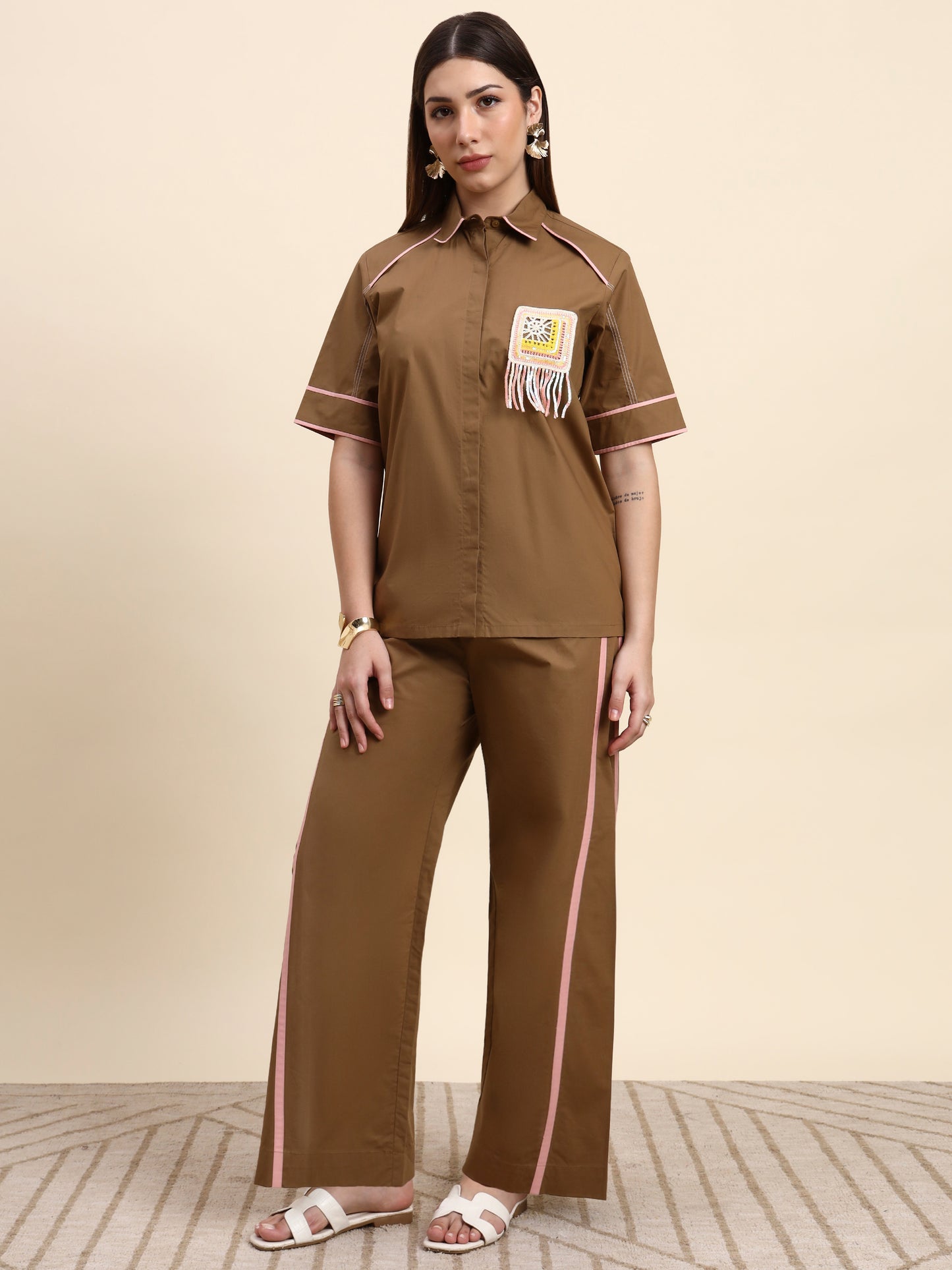 Ariya Threads Women’s Mocha Brown Contrast-Piping Shirt & Wide-Leg Pants Co-ord Set