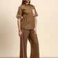 Ariya Threads Women’s Mocha Brown Contrast-Piping Shirt & Wide-Leg Pants Co-ord Set