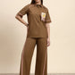 Ariya Threads Women’s Mocha Brown Contrast-Piping Shirt & Wide-Leg Pants Co-ord Set