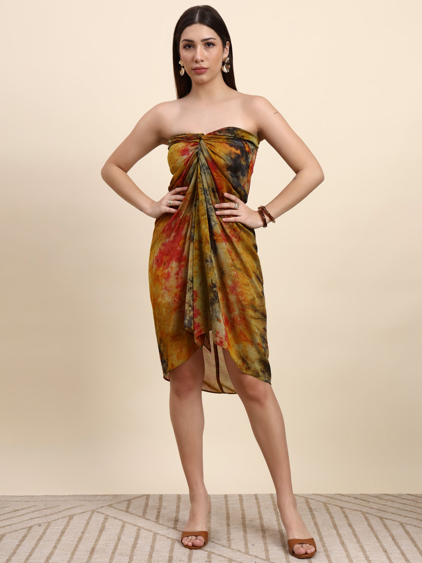 Ariya Threads Women’s Multicolour Tie-Dye Belted Shirt Dress with Balloon Sleeves