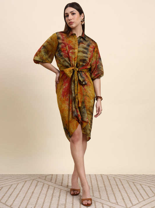 Ariya Threads Women’s Multicolour Tie-Dye Belted Shirt Dress with Balloon Sleeves