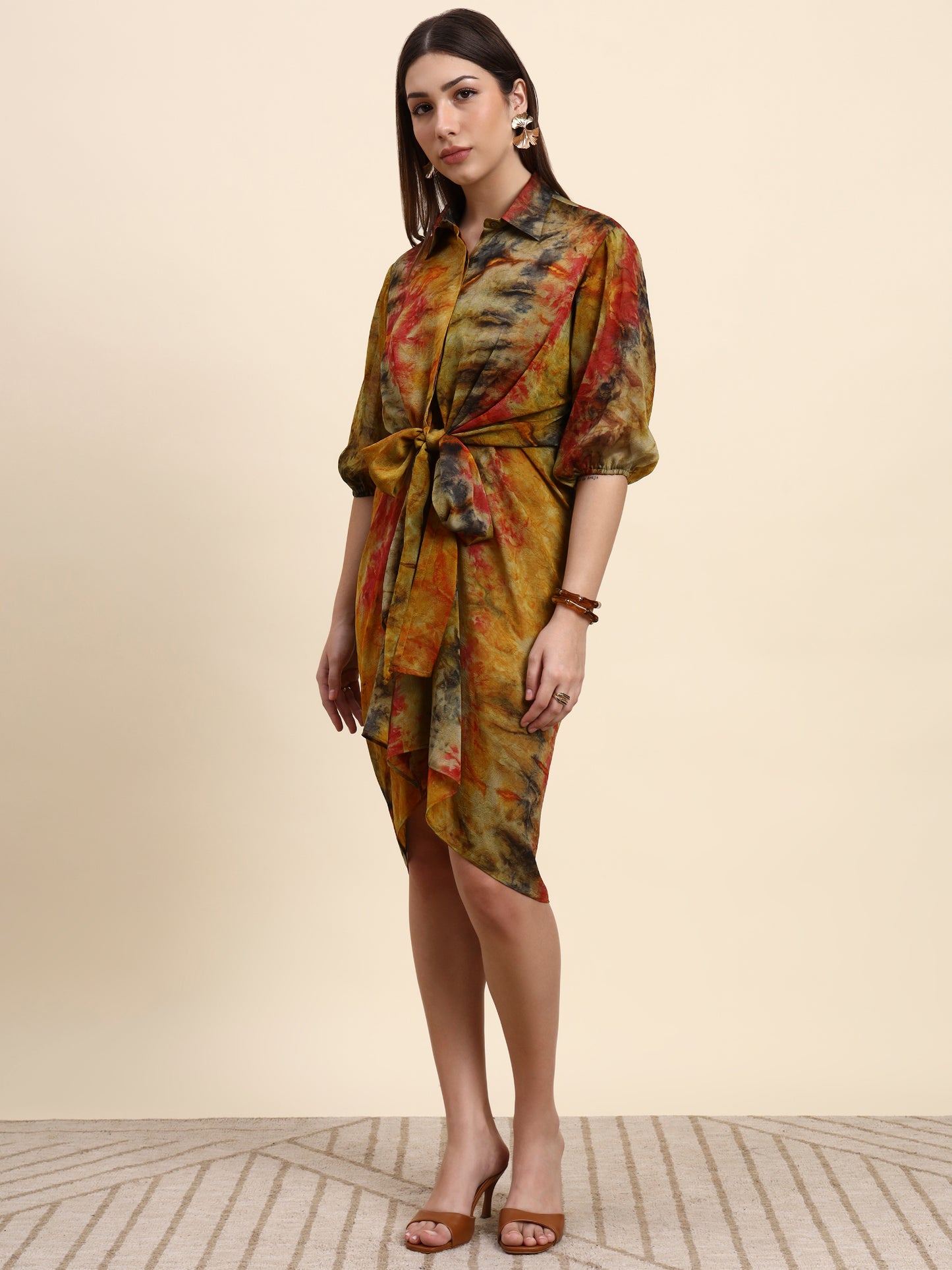 Ariya Threads Women’s Multicolour Tie-Dye Belted Shirt Dress with Balloon Sleeves