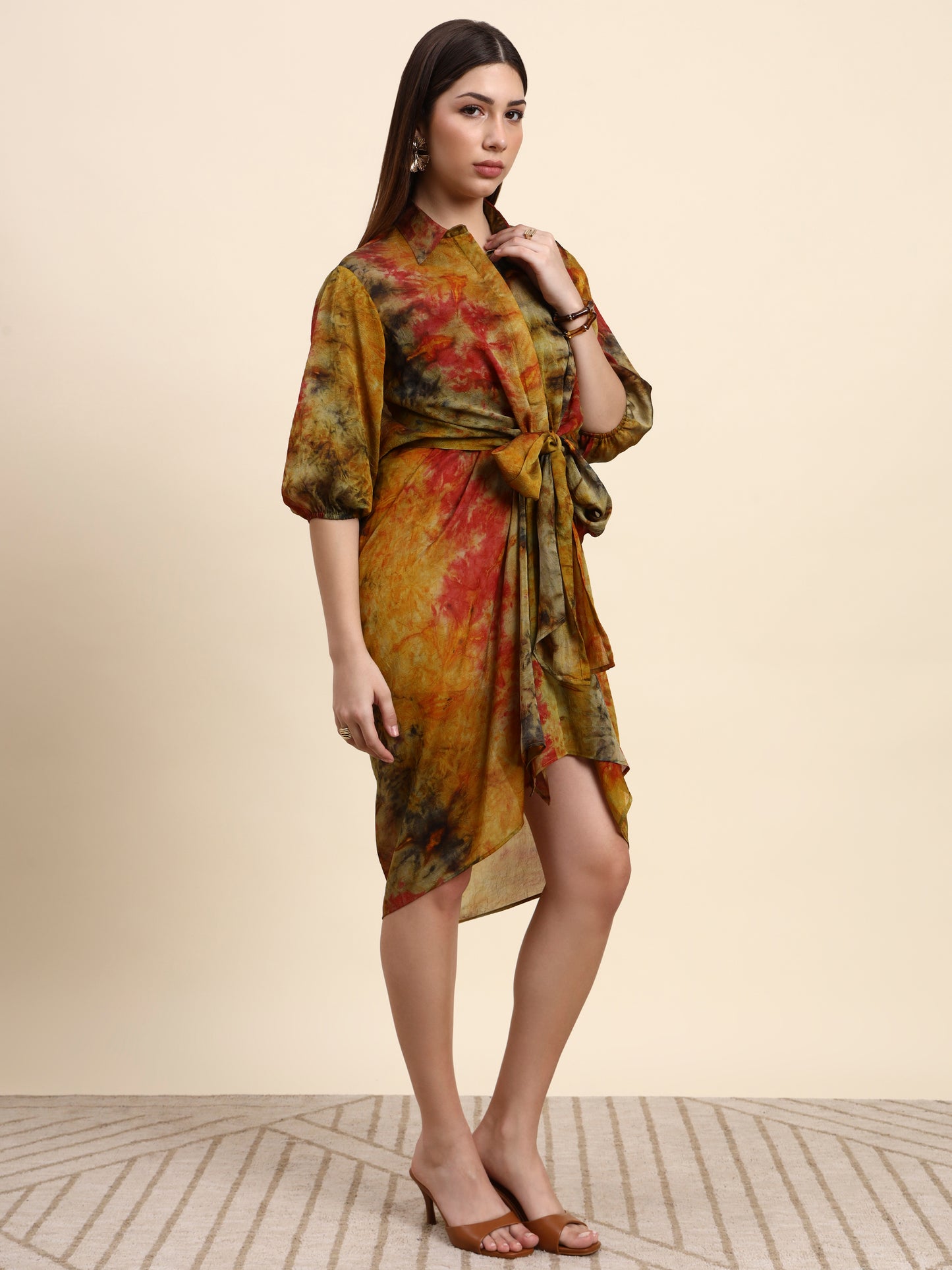Ariya Threads Women’s Multicolour Tie-Dye Belted Shirt Dress with Balloon Sleeves