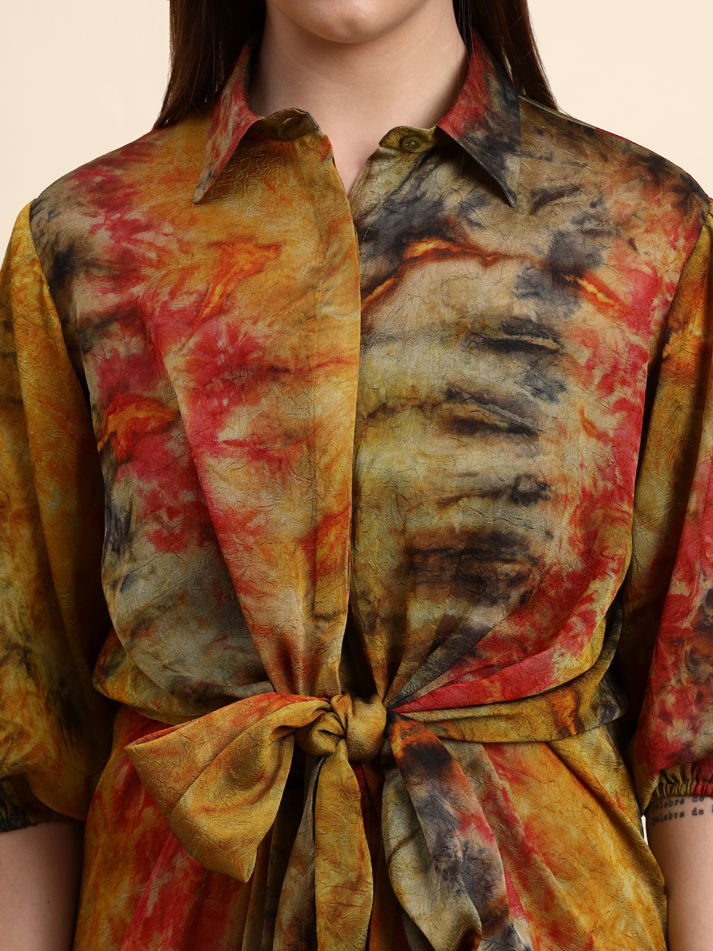 Ariya Threads Women’s Multicolour Tie-Dye Belted Shirt Dress with Balloon Sleeves