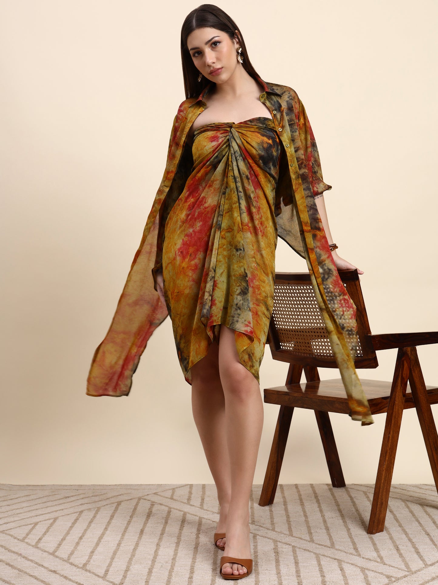 Ariya Threads Women’s Multicolour Tie-Dye Belted Shirt Dress with Balloon Sleeves