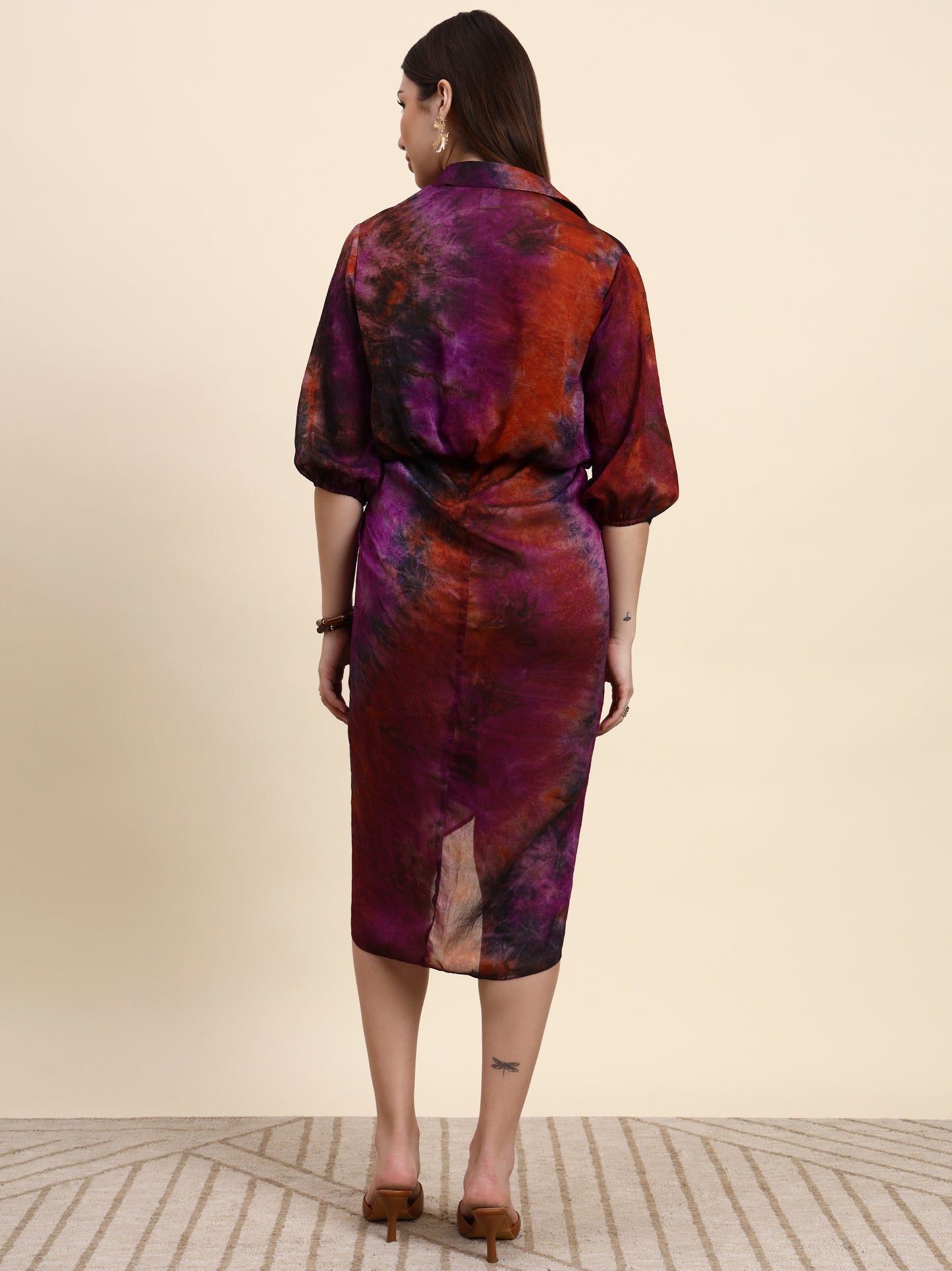 Ariya Threads Women’s Purple & Rust Abstract-Print Belted Asymmetric Shirt Dress