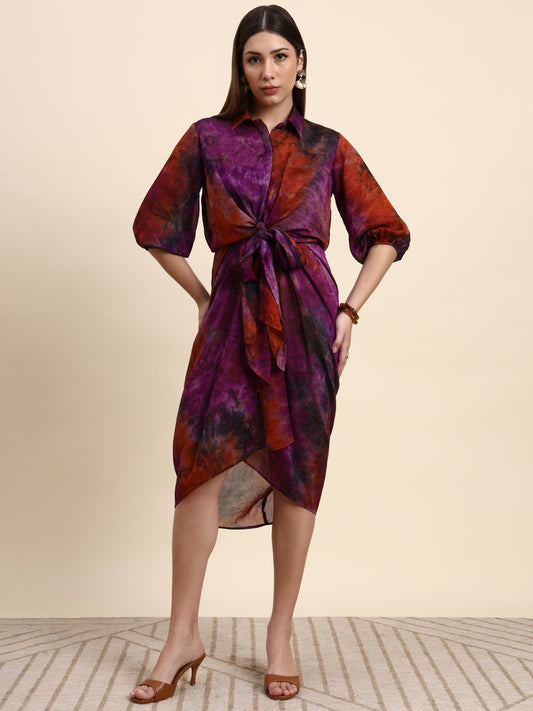 Ariya Threads Women’s Purple & Rust Abstract-Print Belted Asymmetric Shirt Dress