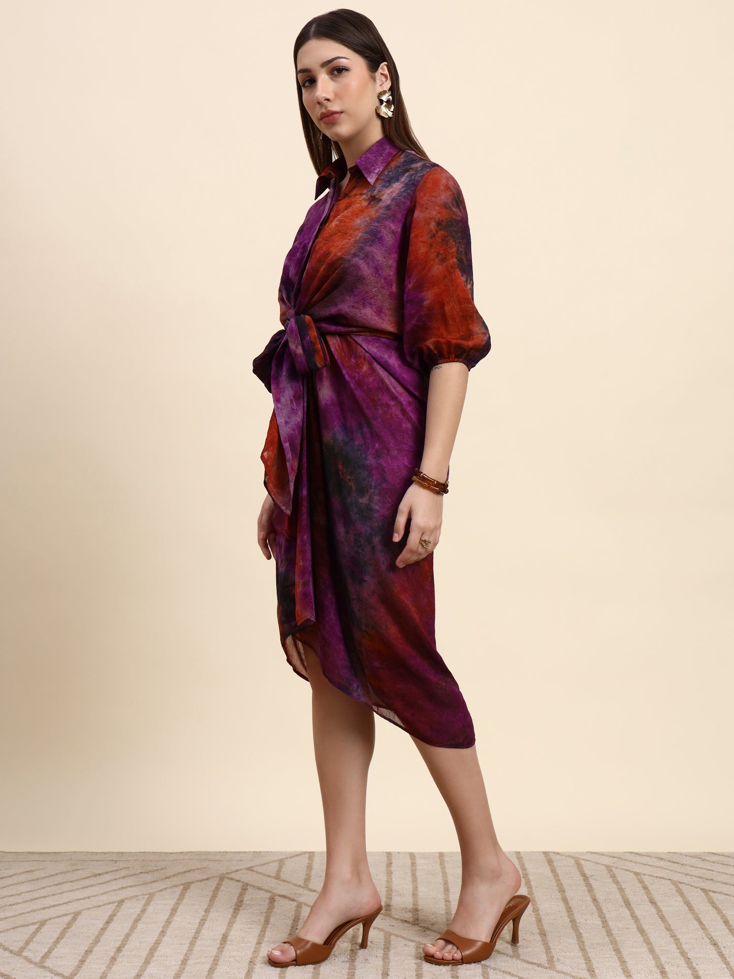 Ariya Threads Women’s Purple & Rust Abstract-Print Belted Asymmetric Shirt Dress