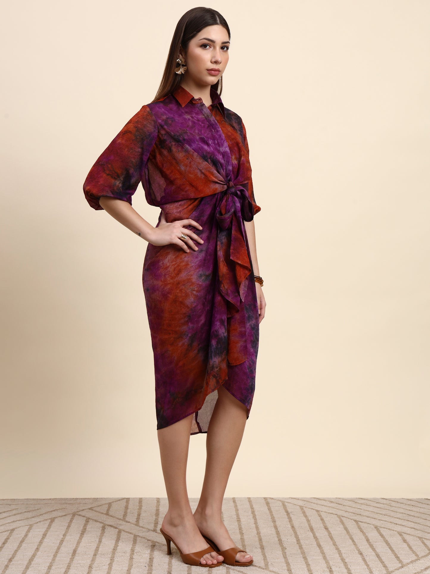 Ariya Threads Women’s Purple & Rust Abstract-Print Belted Asymmetric Shirt Dress