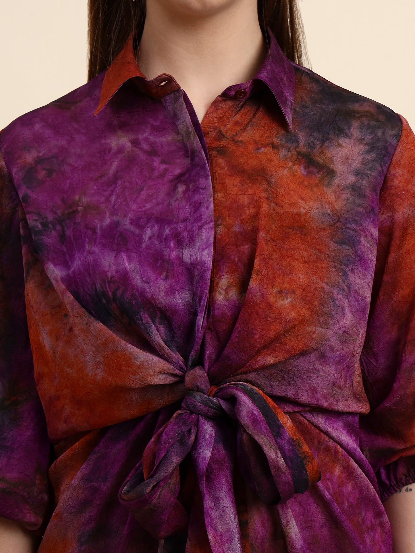 Ariya Threads Women’s Purple & Rust Abstract-Print Belted Asymmetric Shirt Dress