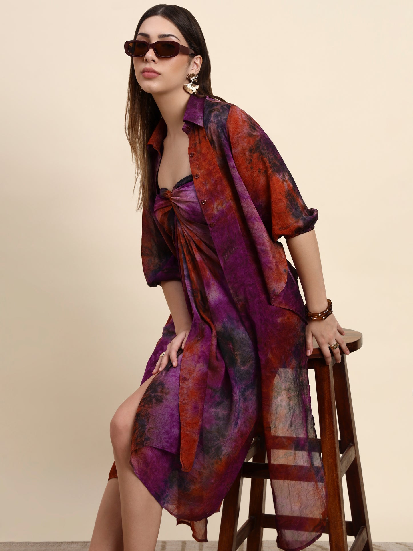 Ariya Threads Women’s Purple & Rust Abstract-Print Belted Asymmetric Shirt Dress