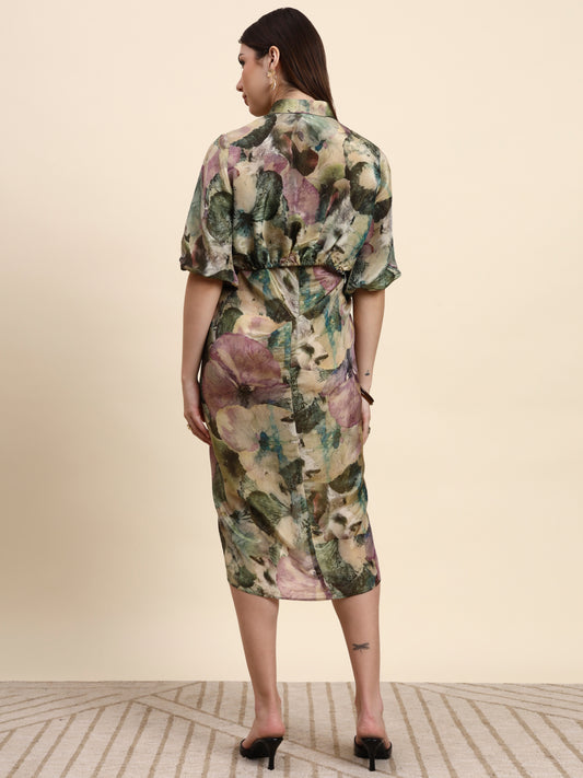 Ariya Threads Women’s Multicolour Floral-Print Belted Asymmetric Shirt Dress