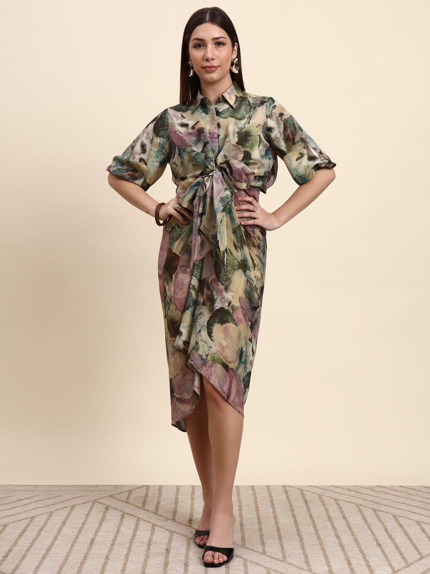 Ariya Threads Women’s Multicolour Floral-Print Belted Asymmetric Shirt Dress