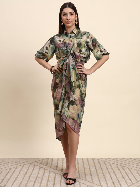 Ariya Threads Women’s Multicolour Floral-Print Belted Asymmetric Shirt Dress