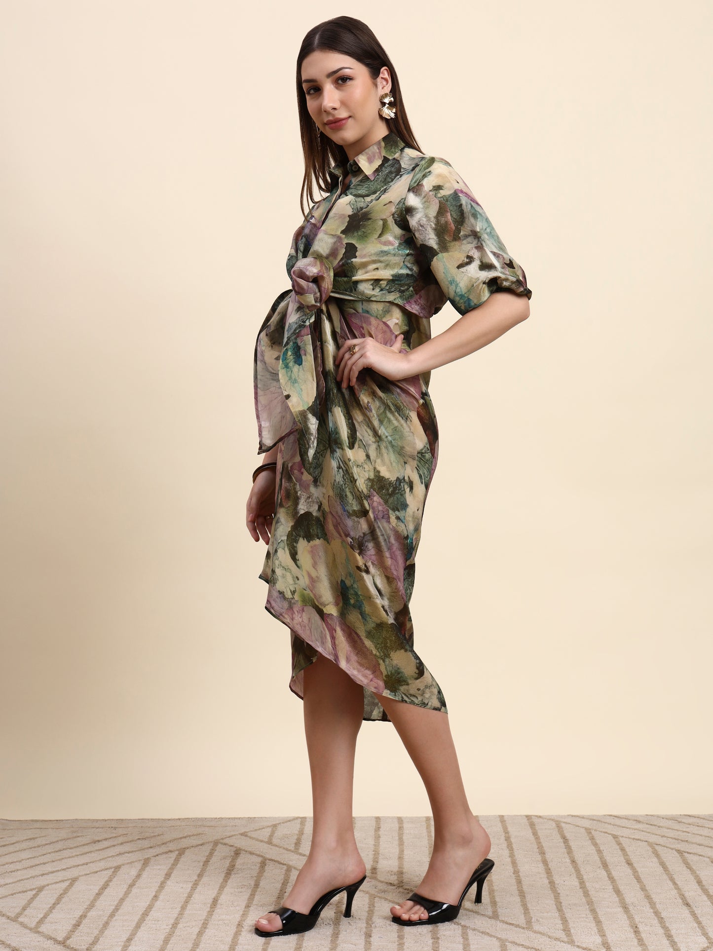 Ariya Threads Women’s Multicolour Floral-Print Belted Asymmetric Shirt Dress