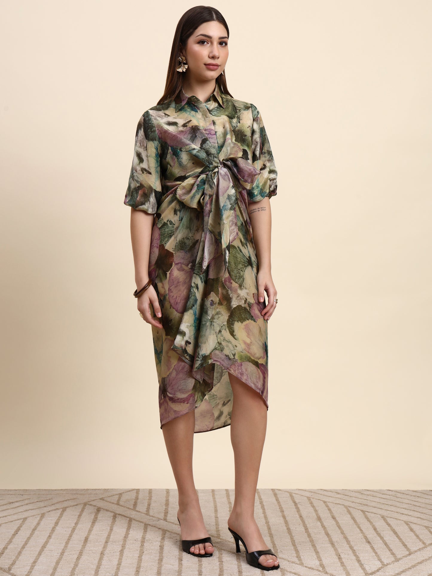 Ariya Threads Women’s Multicolour Floral-Print Belted Asymmetric Shirt Dress