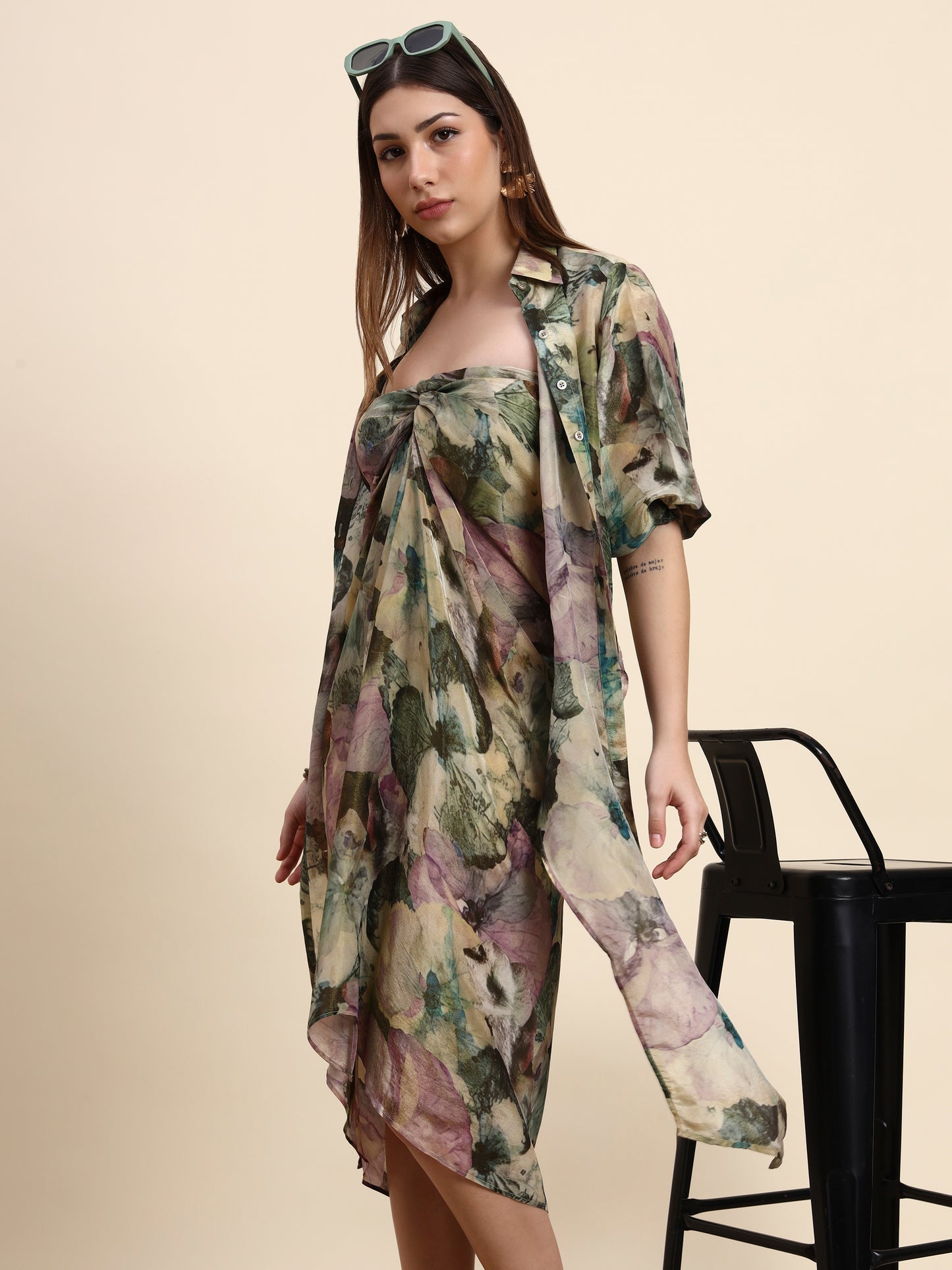 Ariya Threads Women’s Multicolour Floral-Print Belted Asymmetric Shirt Dress