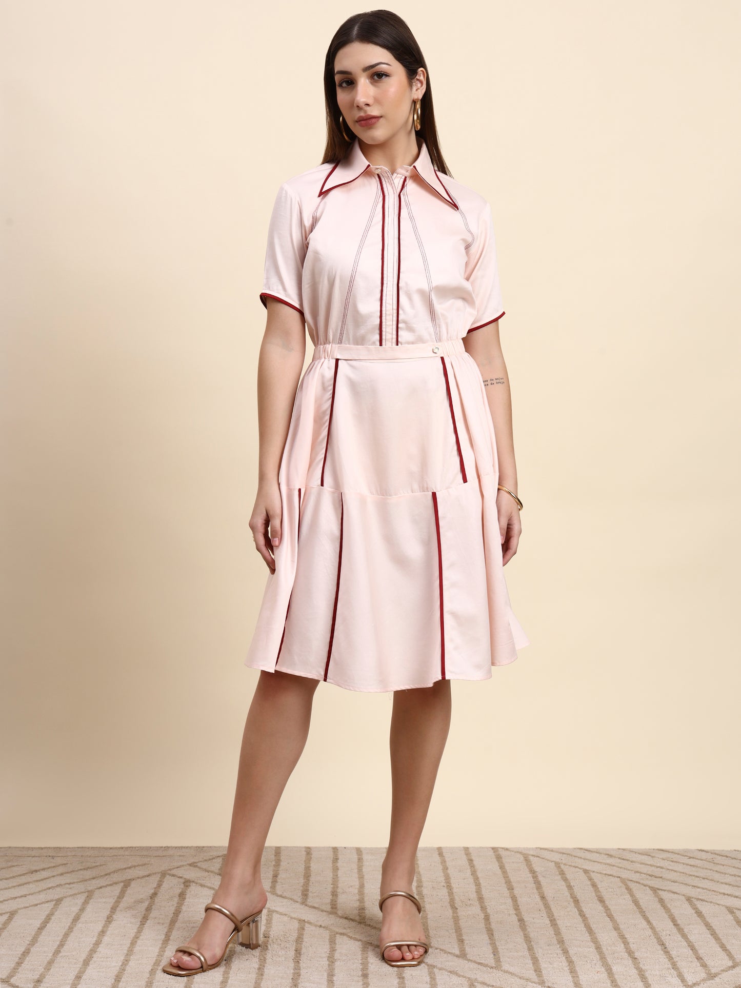 Ariya Threads Women’s Blush Pink Contrast-Piping Belted A-Line Shirt Dress