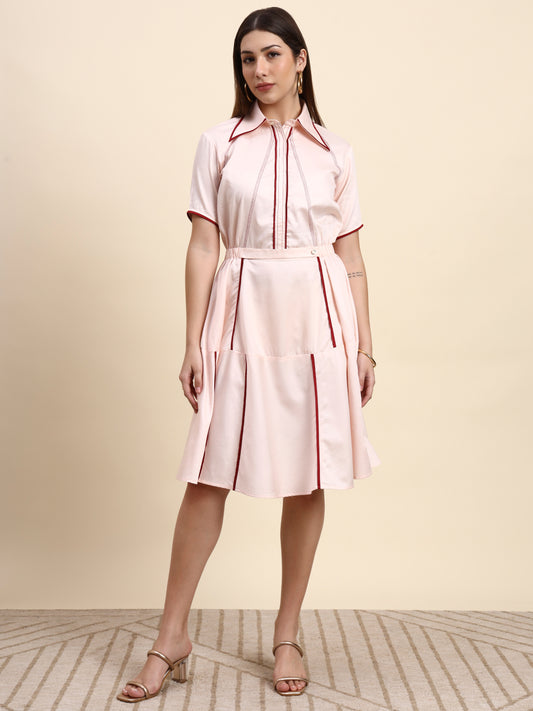 Ariya Threads Women’s Blush Pink Contrast-Piping Belted A-Line Shirt Dress