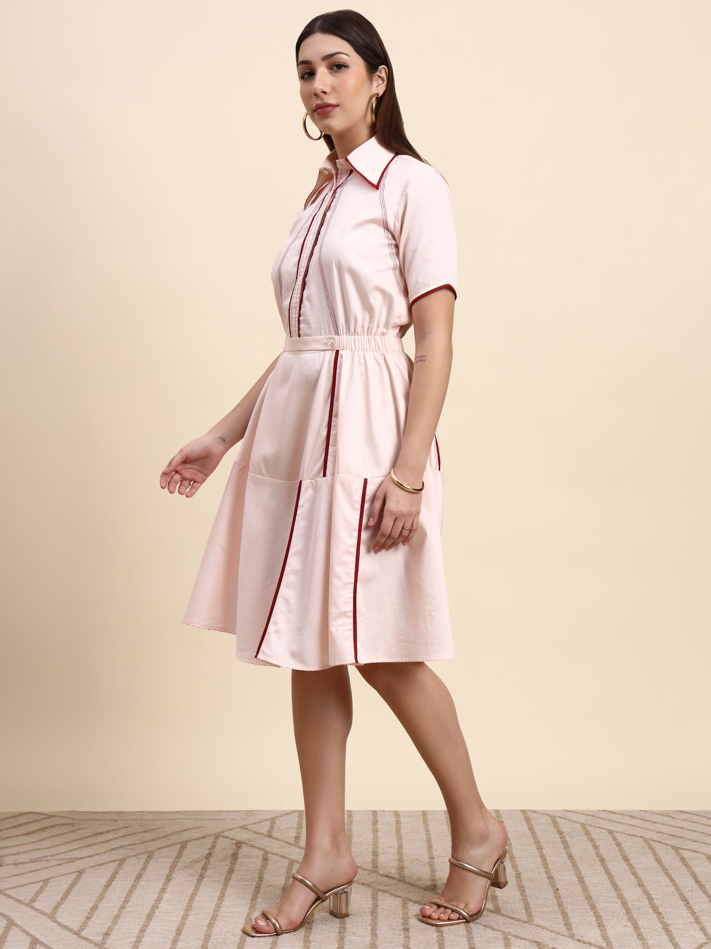 Ariya Threads Women’s Blush Pink Contrast-Piping Belted A-Line Shirt Dress