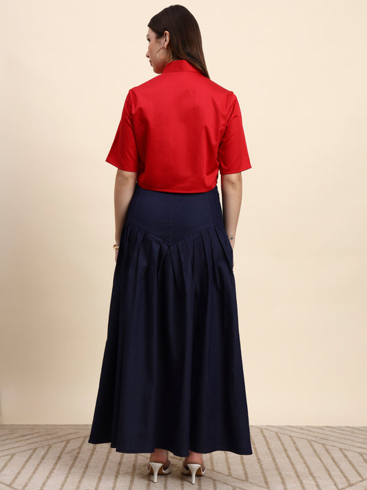 Ariya Threads Women’s Red Cropped Shirt & Navy Pleated Maxi Skirt Co-ord Set