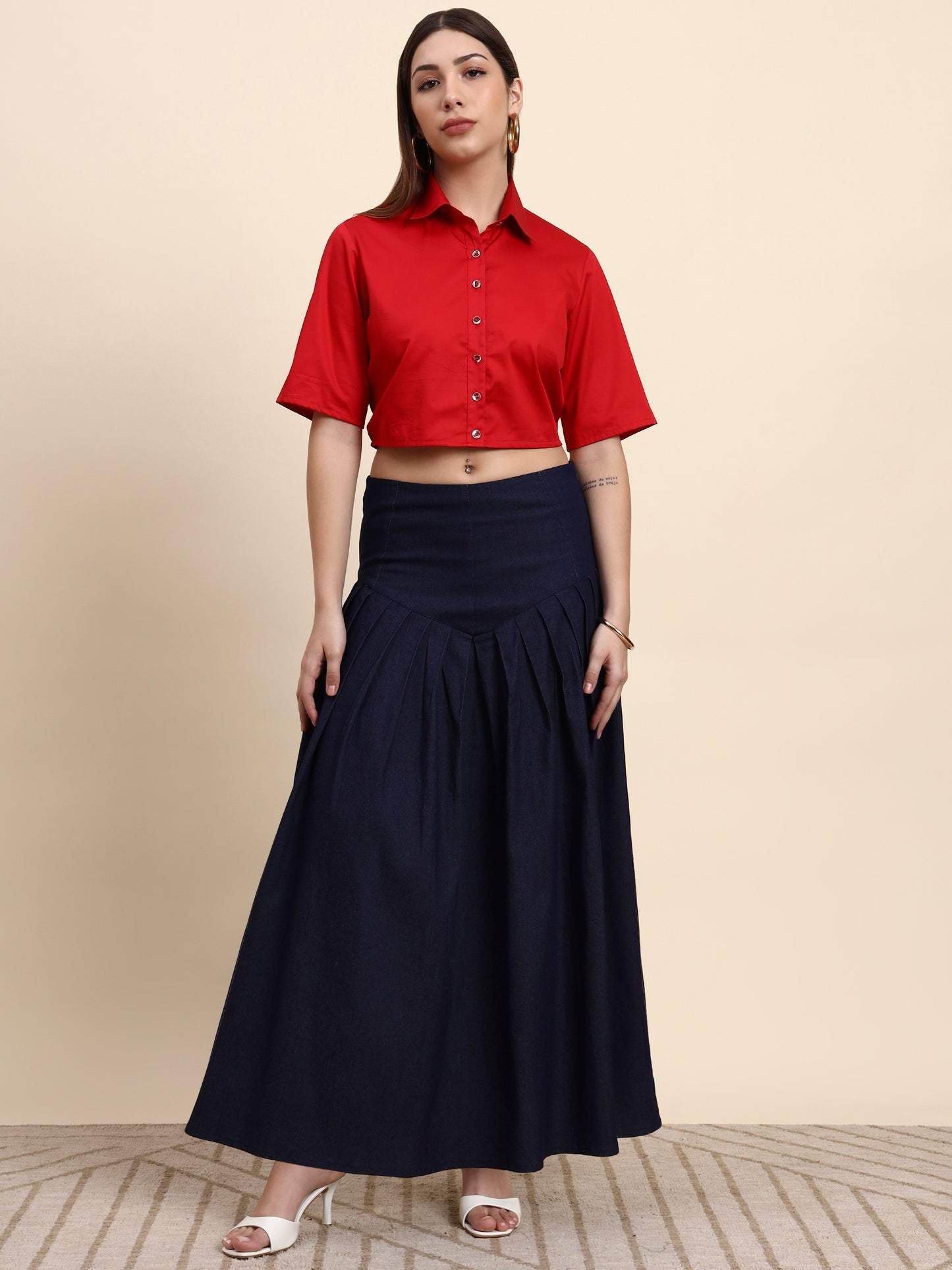 Ariya Threads Women’s Red Cropped Shirt & Navy Pleated Maxi Skirt Co-ord Set