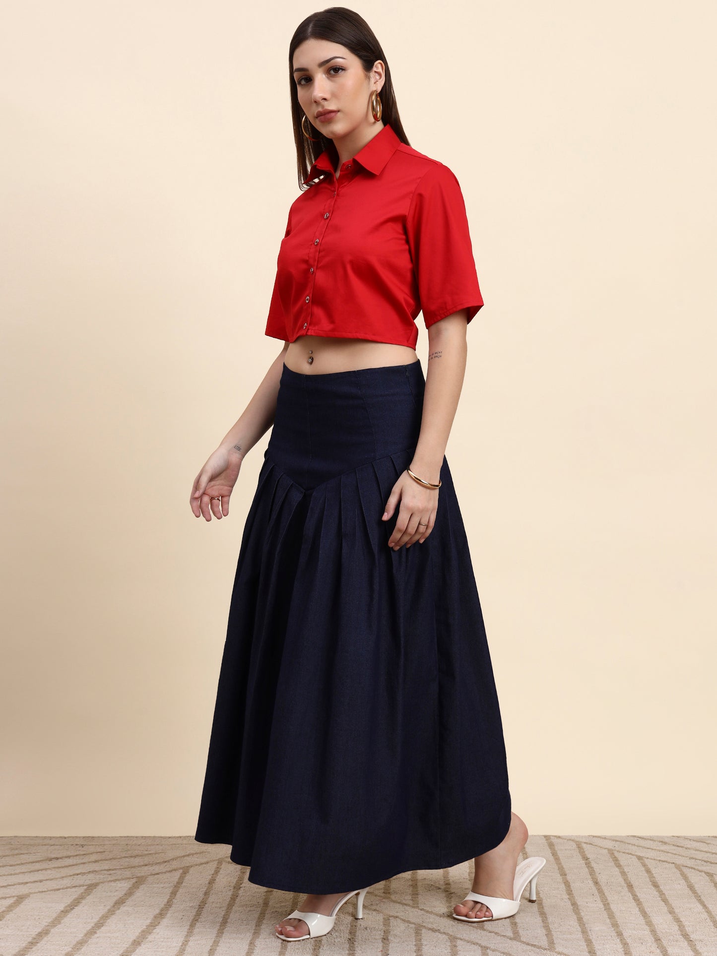 Ariya Threads Women’s Red Cropped Shirt & Navy Pleated Maxi Skirt Co-ord Set