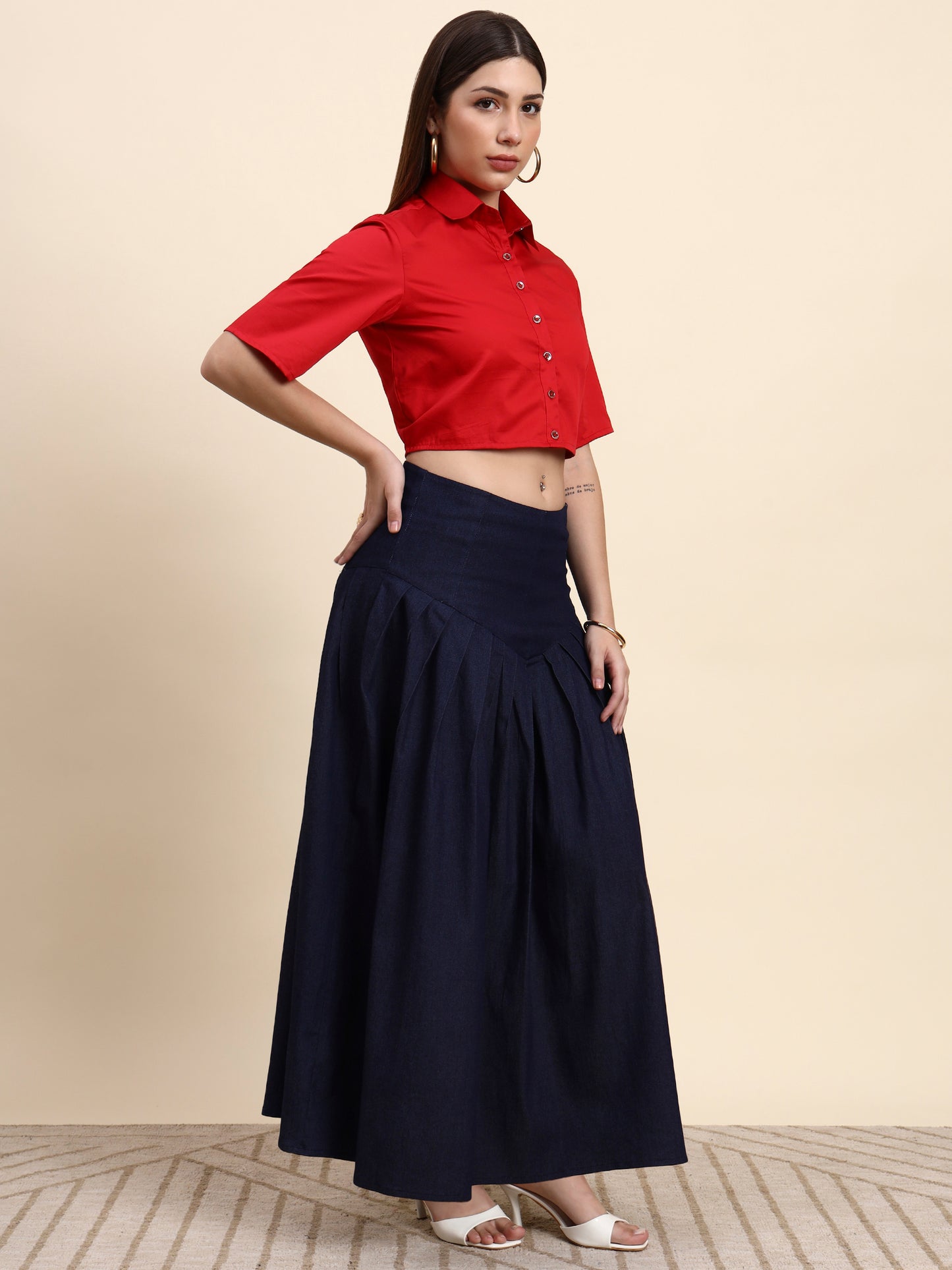Ariya Threads Women’s Red Cropped Shirt & Navy Pleated Maxi Skirt Co-ord Set