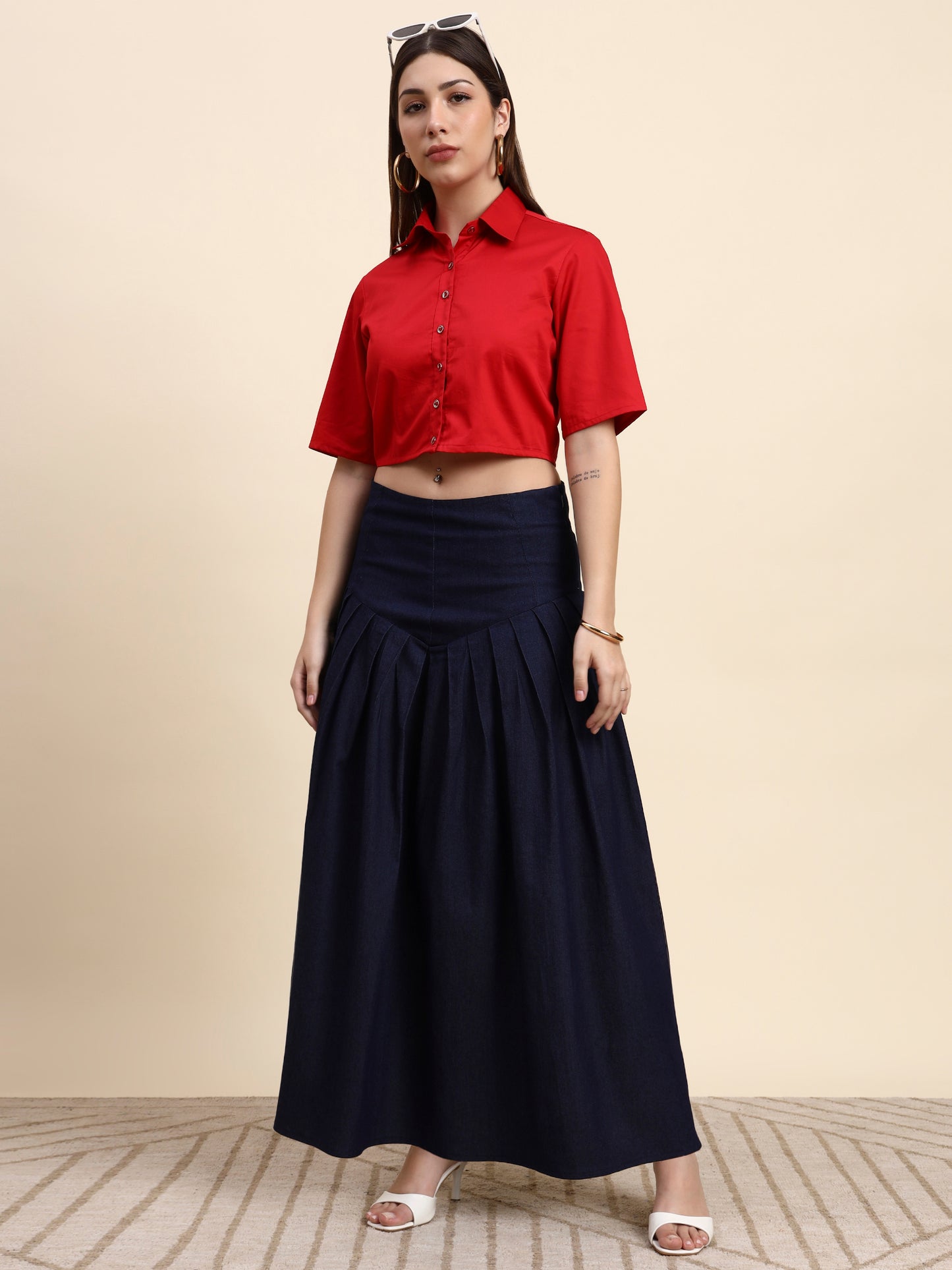 Ariya Threads Women’s Red Cropped Shirt & Navy Pleated Maxi Skirt Co-ord Set