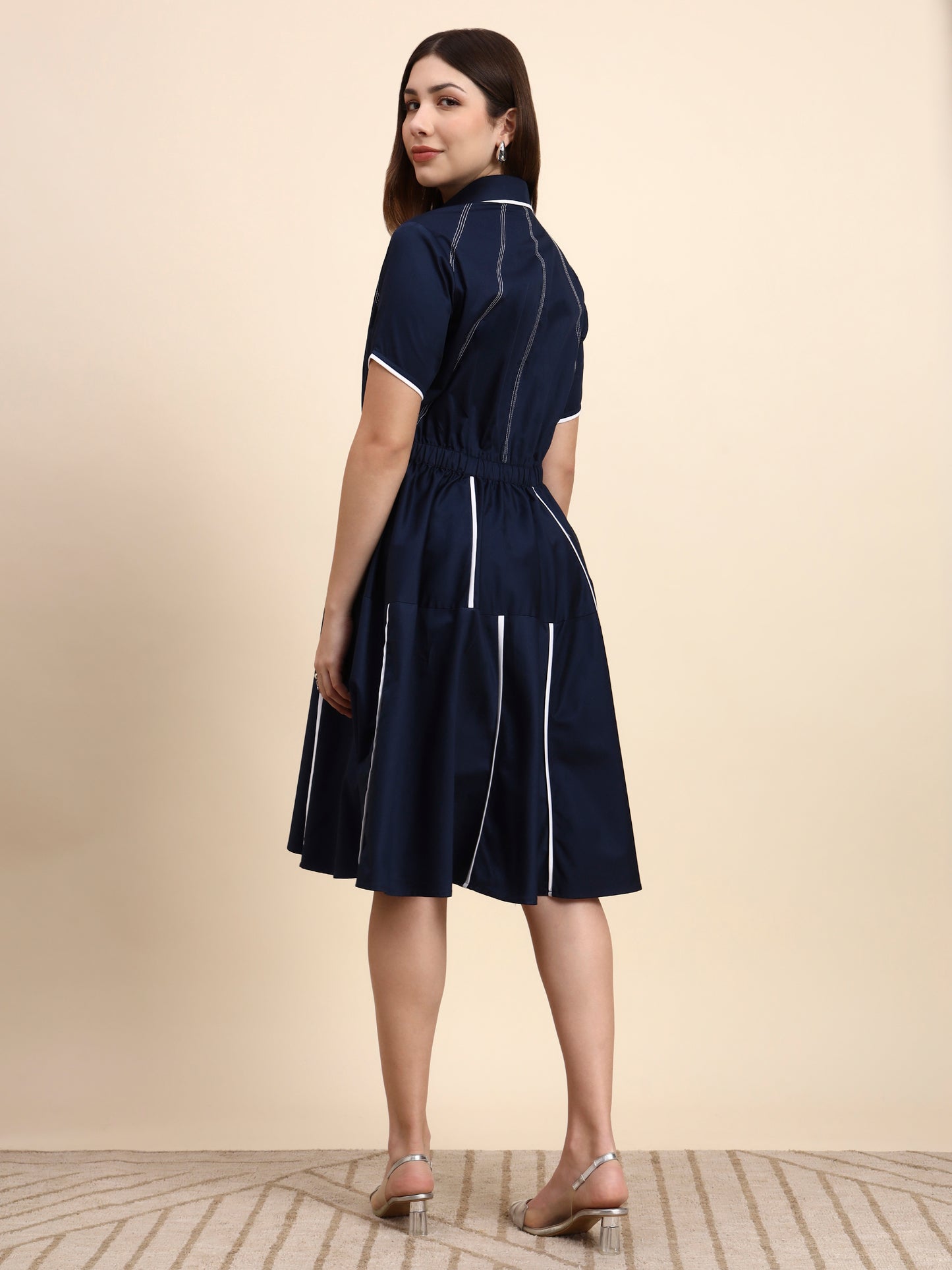 Ariya Threads Navy Blue A-Line Shirt Dress with Contrast Piping