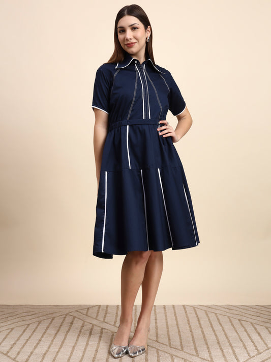 Ariya Threads Navy Blue A-Line Shirt Dress with Contrast Piping