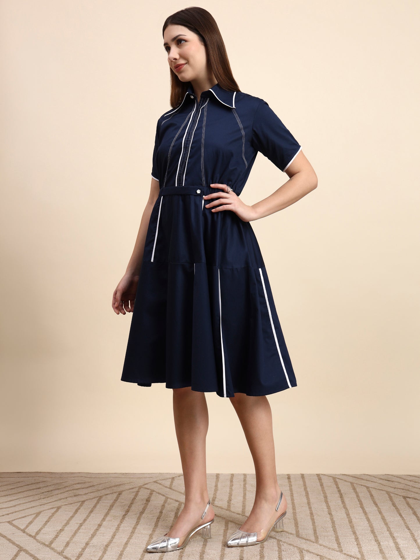 Ariya Threads Navy Blue A-Line Shirt Dress with Contrast Piping