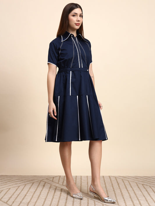 Ariya Threads Navy Blue A-Line Shirt Dress with Contrast Piping