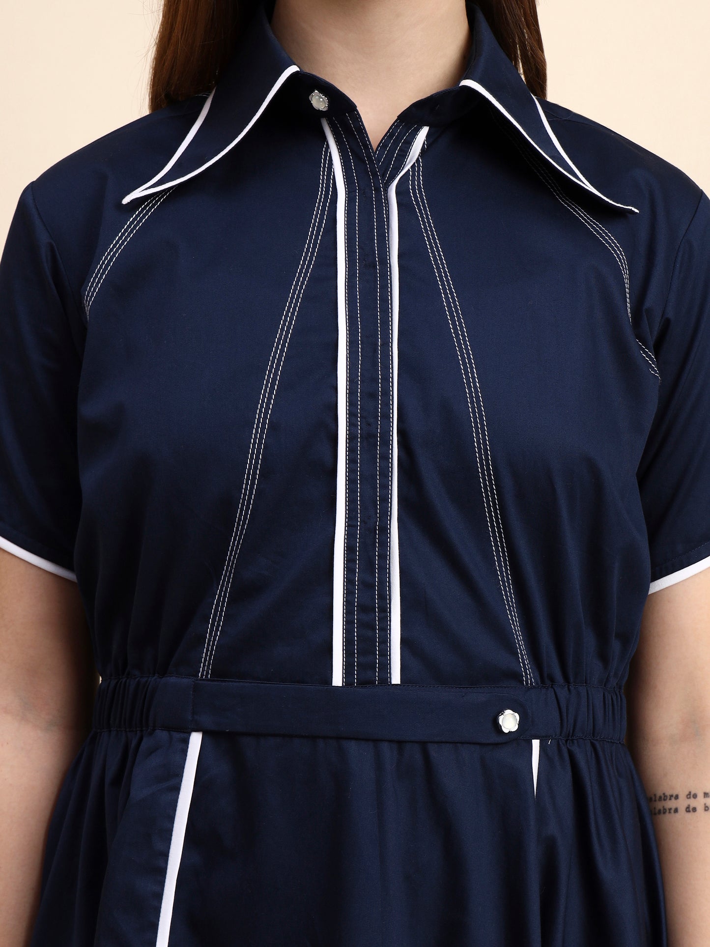 Ariya Threads Navy Blue A-Line Shirt Dress with Contrast Piping