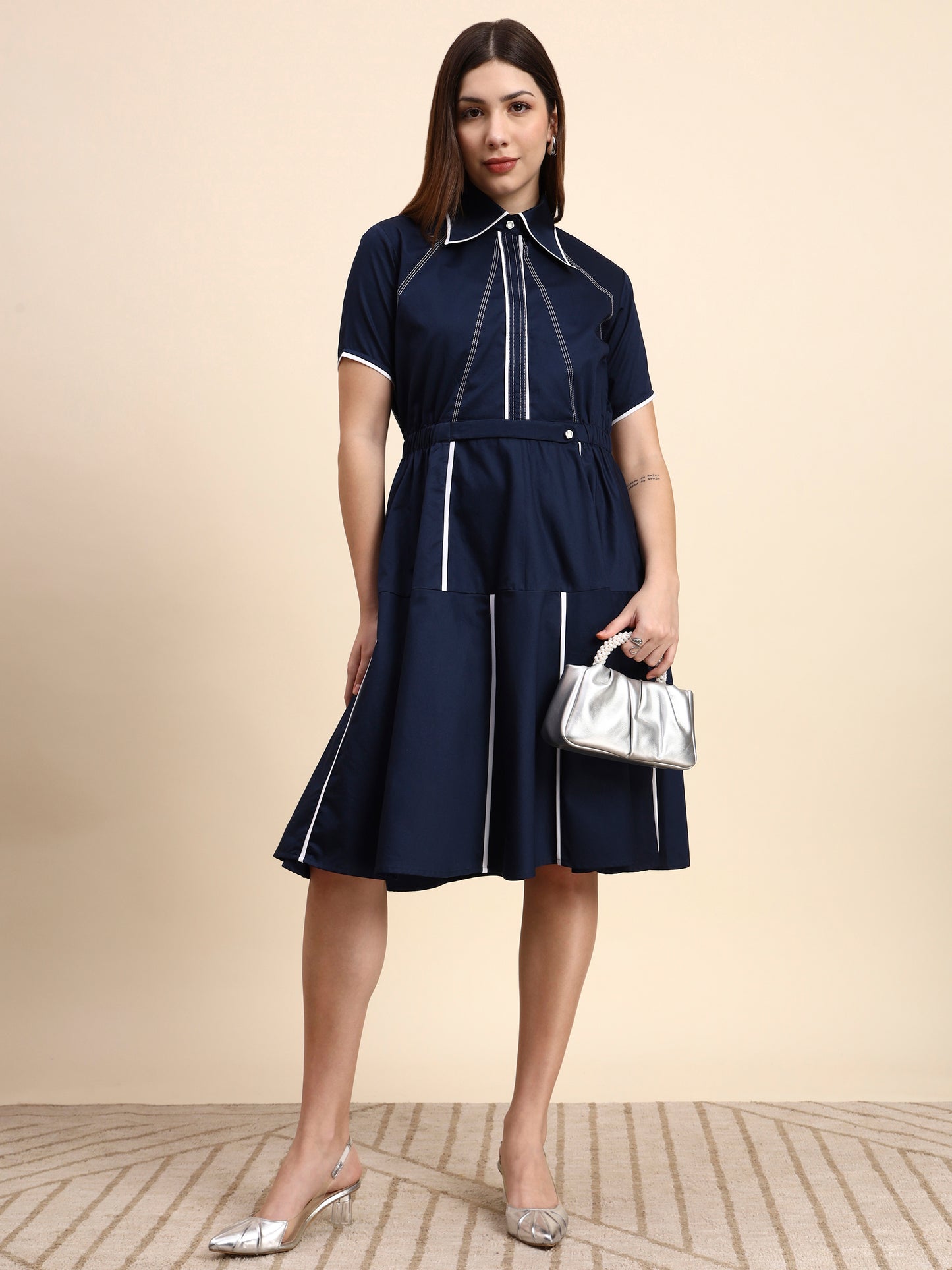 Ariya Threads Navy Blue A-Line Shirt Dress with Contrast Piping