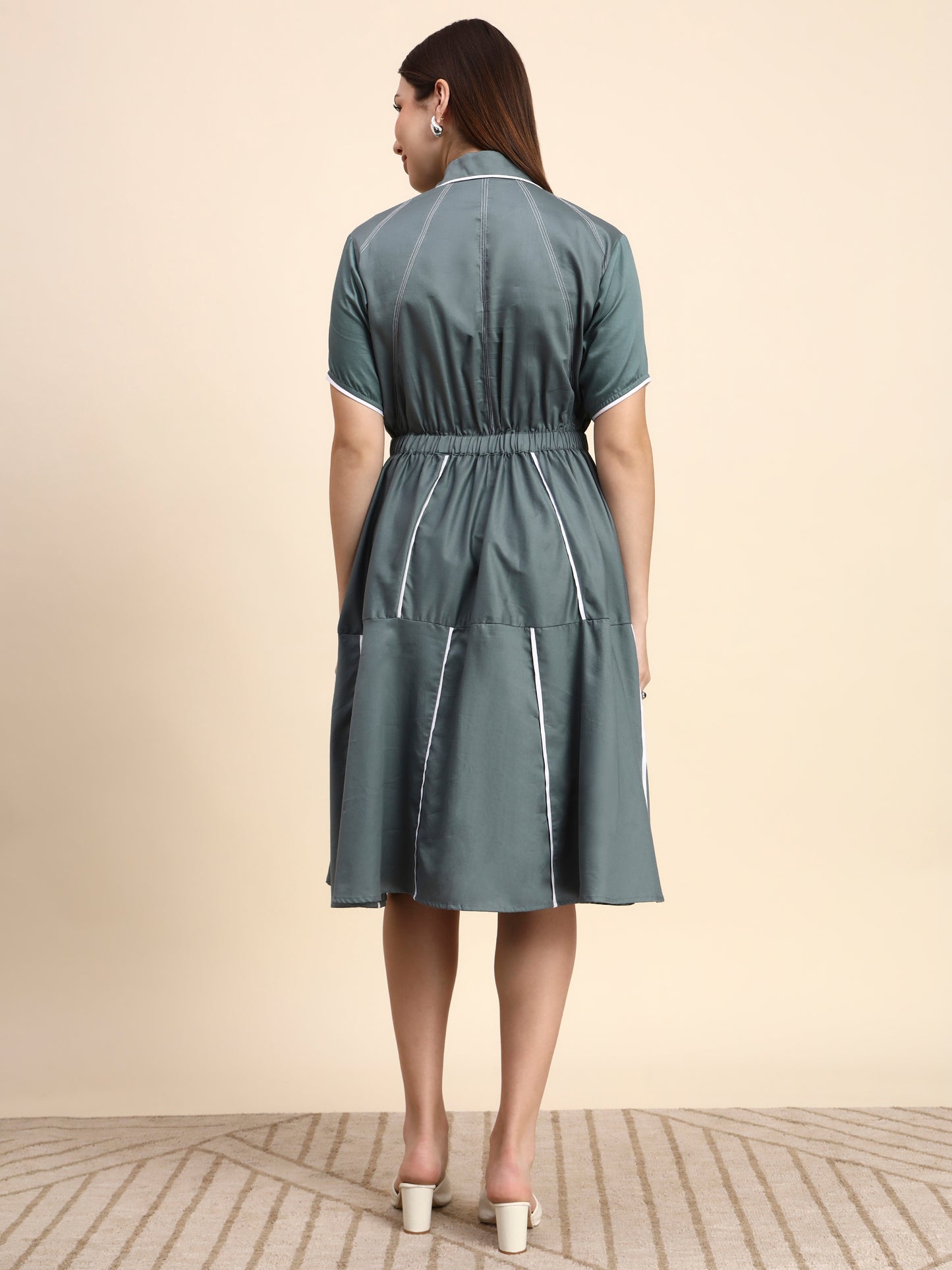 Ariya Threads Women’s Sage Green A-Line Shirt Dress with Contrast Detailing