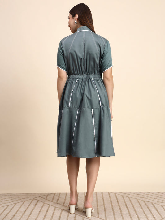 Ariya Threads Women’s Sage Green A-Line Shirt Dress with Contrast Detailing