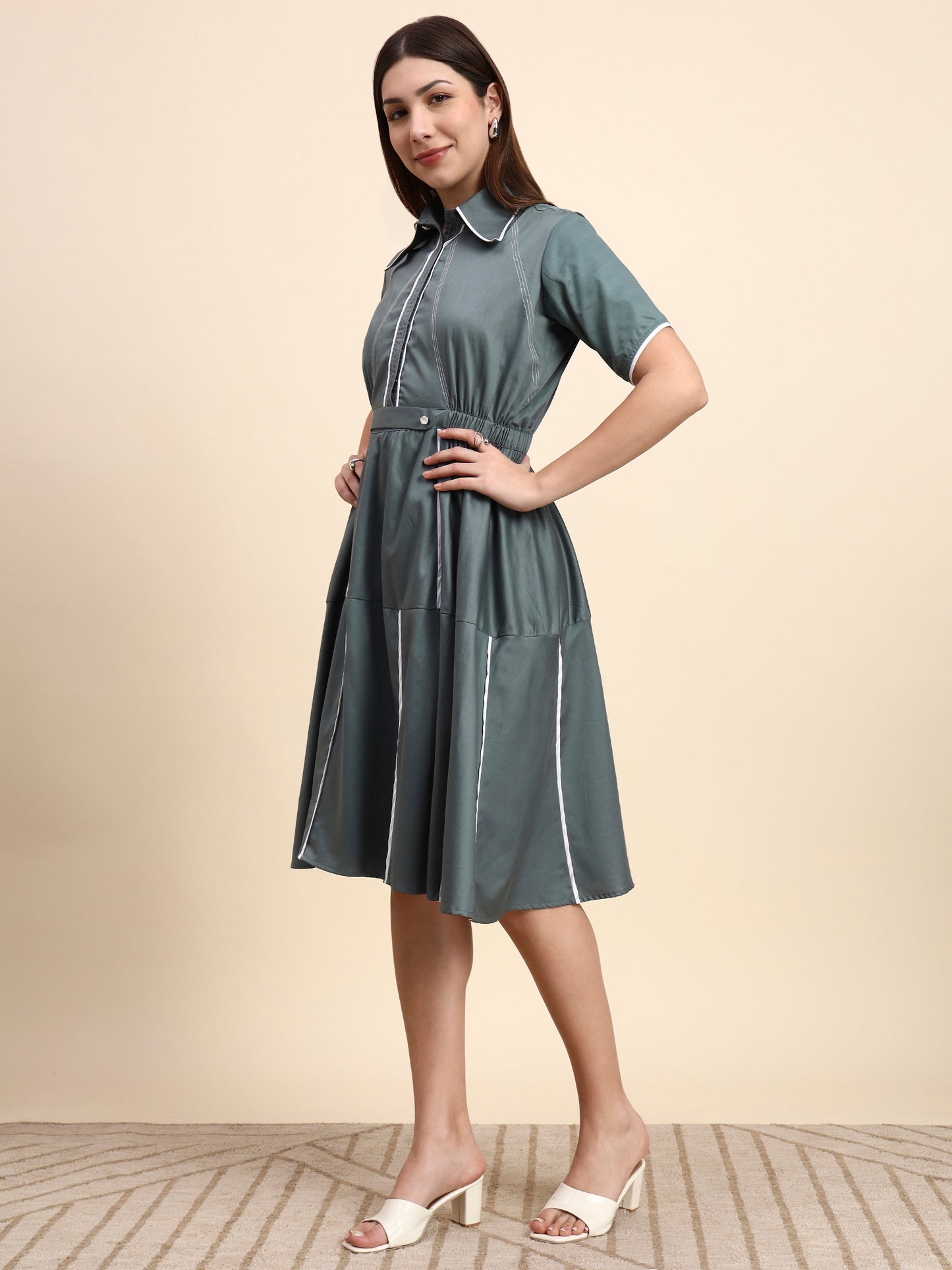 Ariya Threads Women’s Sage Green A-Line Shirt Dress with Contrast Detailing