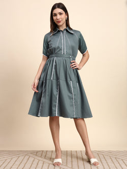 Ariya Threads Women’s Sage Green A-Line Shirt Dress with Contrast Detailing