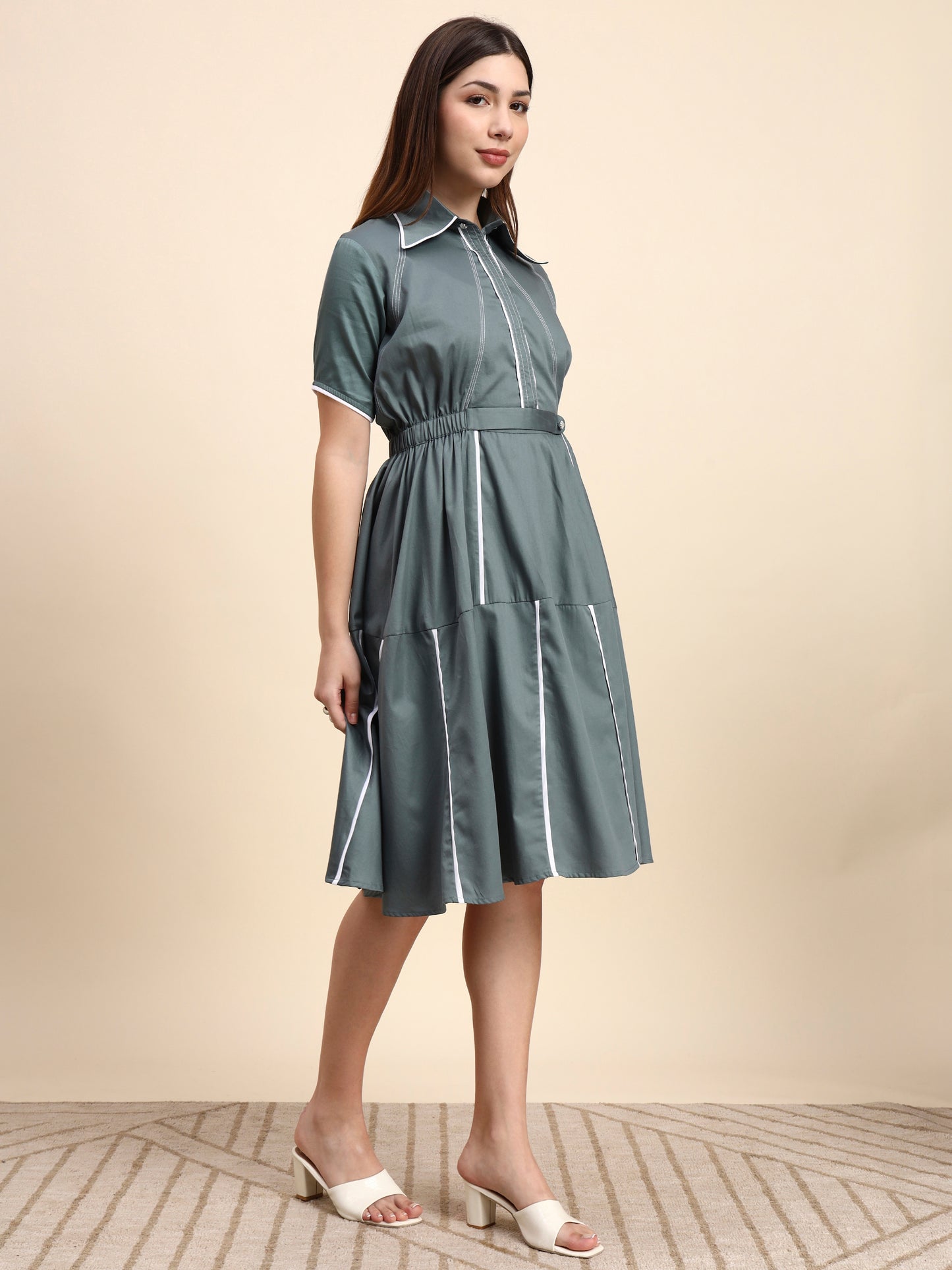 Ariya Threads Women’s Sage Green A-Line Shirt Dress with Contrast Detailing