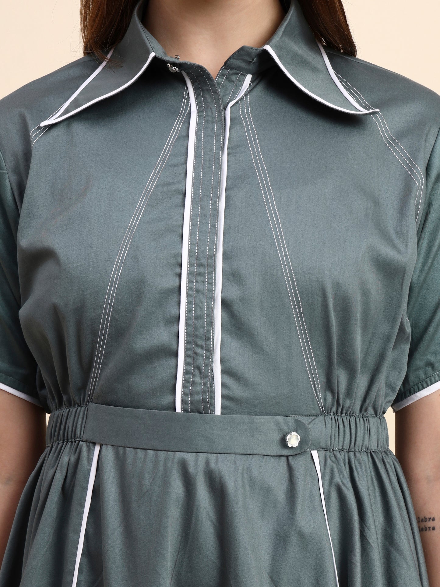 Ariya Threads Women’s Sage Green A-Line Shirt Dress with Contrast Detailing