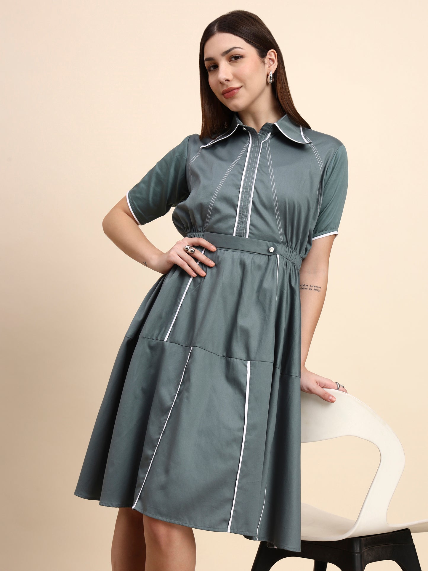 Ariya Threads Women’s Sage Green A-Line Shirt Dress with Contrast Detailing