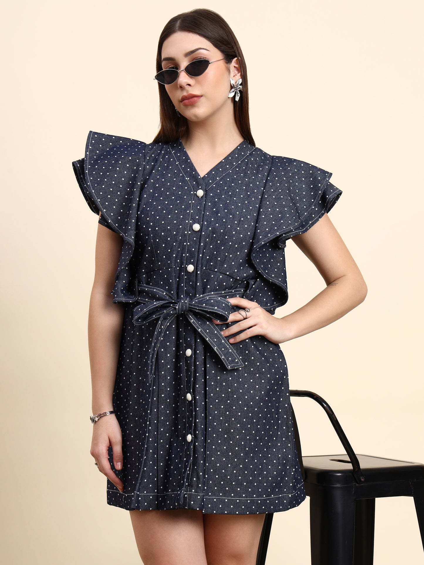 Ariya Threads Luna Polka Dot Denim Dress (Navy Blue)