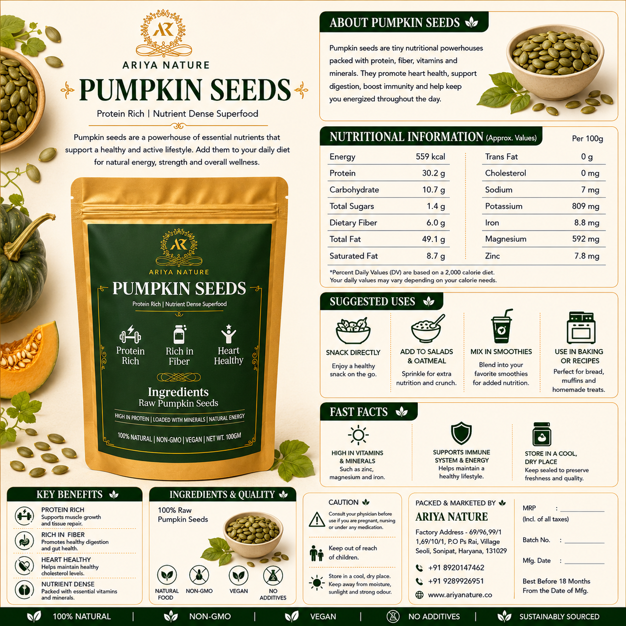 Ariya Nature Pumpkin Seeds 100g | Premium Natural Non-GMO Raw Pumpkin Seeds