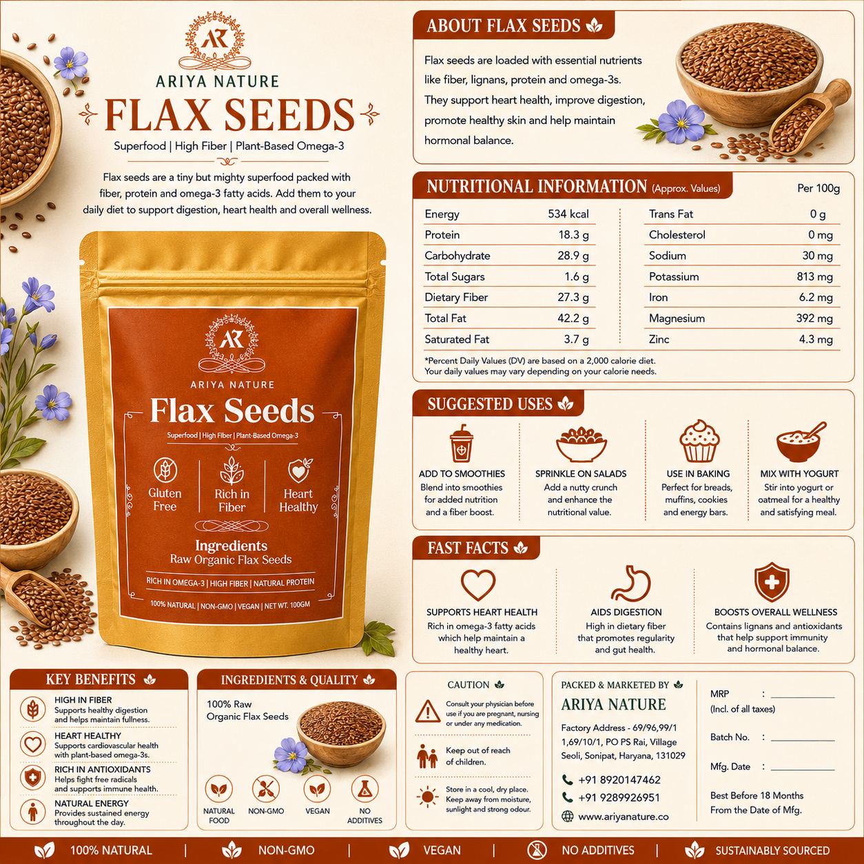 Ariya Nature Flax Seeds 100g | Premium Natural Non-GMO Raw Flax Seeds