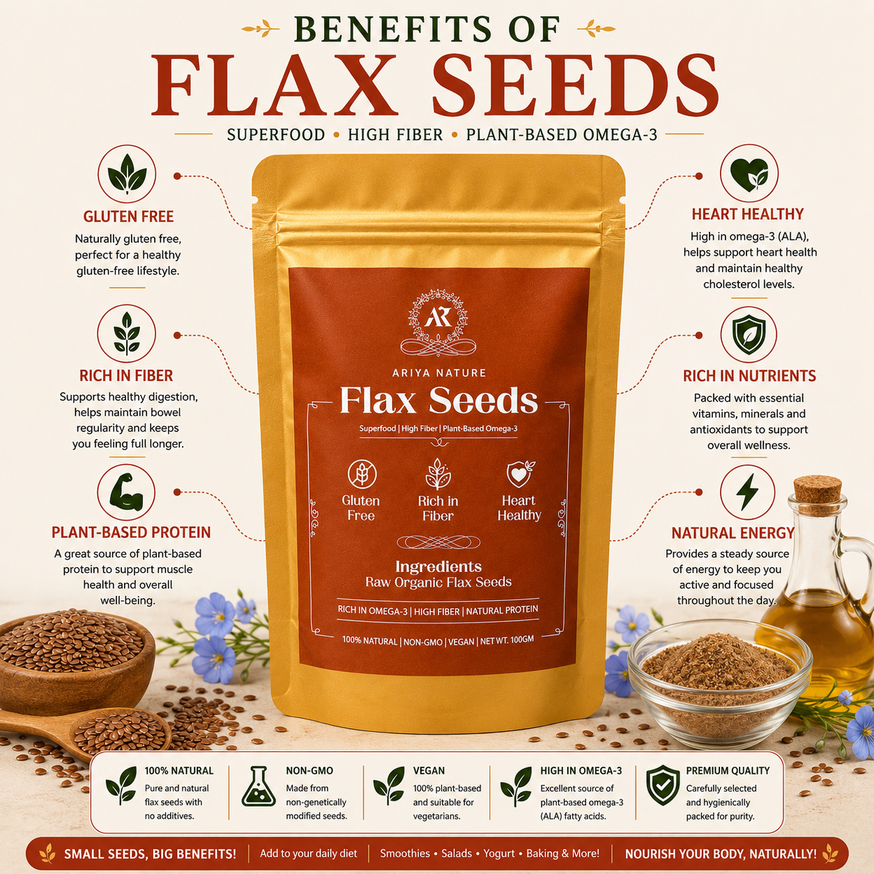 Ariya Nature Flax Seeds 100g | Premium Natural Non-GMO Raw Flax Seeds