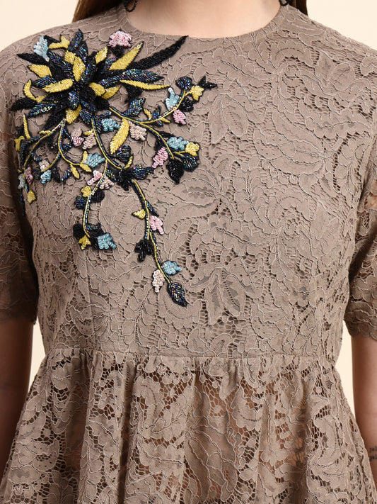 Ariya Threads Lace Peplum Co-ord Set (Taupe Beige)